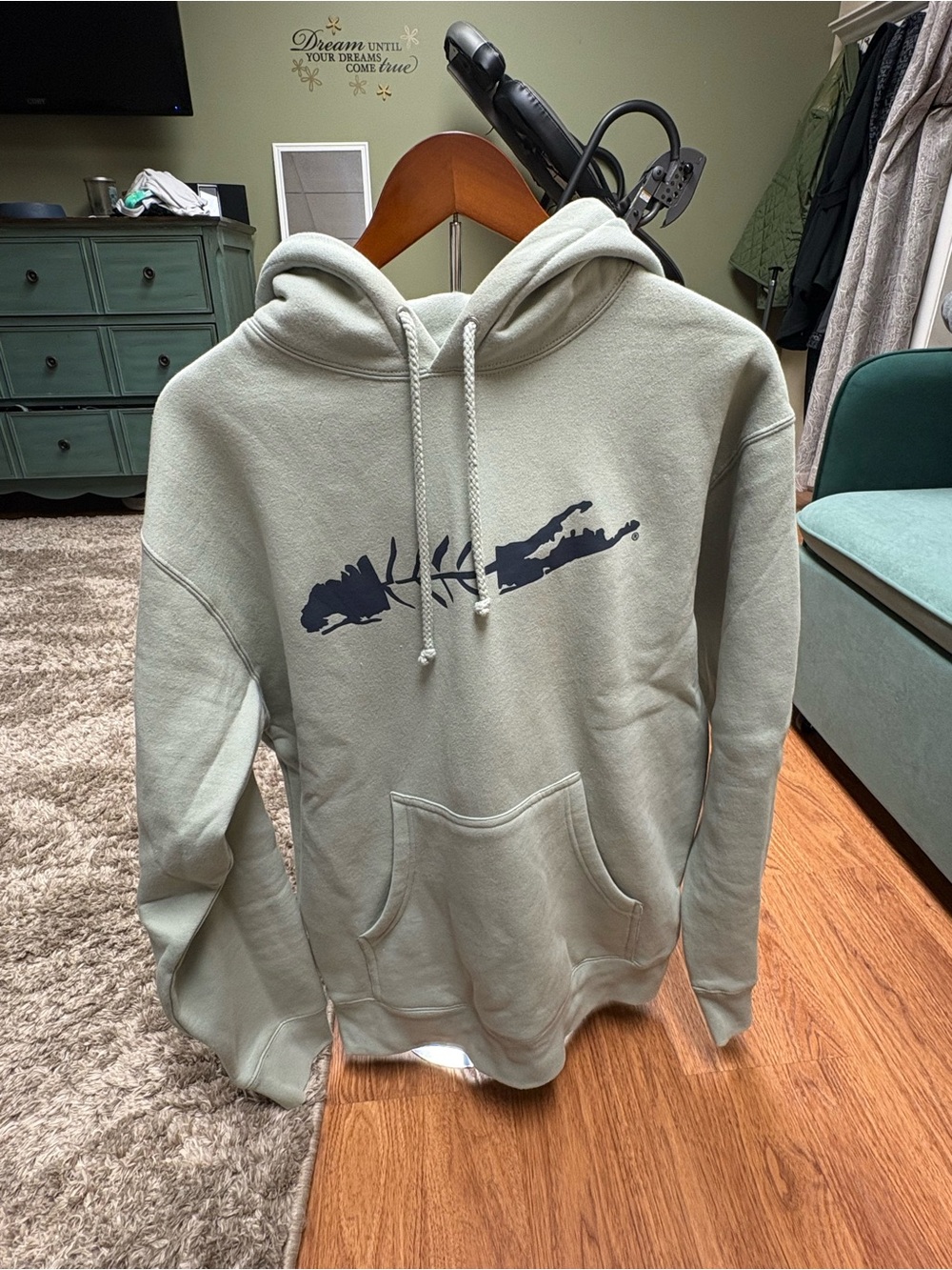 Men's Sage Green Crewneck Hoodie with Navy Graphic
